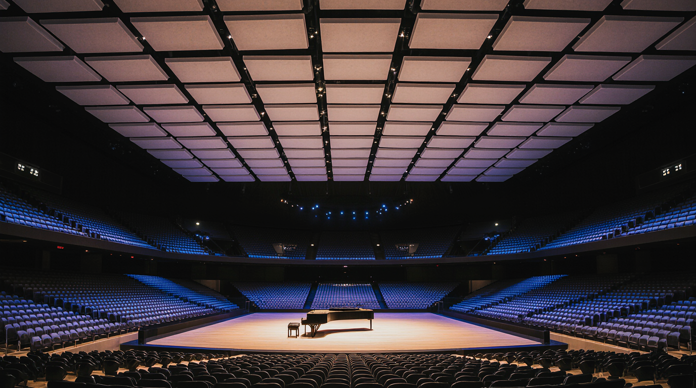 Large concert hall with acoustic panels on the ceiling and a piano on stage