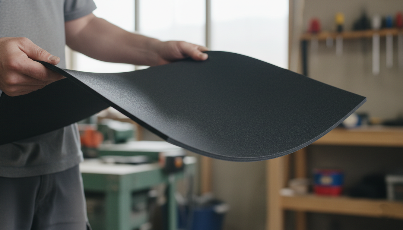 Person holding a flexible sheet of mass-loaded vinyl in a workshop