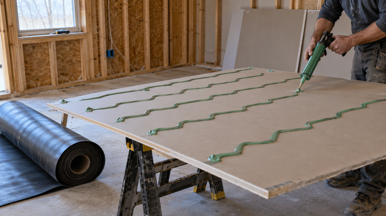 Contractor applying green compound to drywall with a caulk gun next to a roll of black vinyl barrier