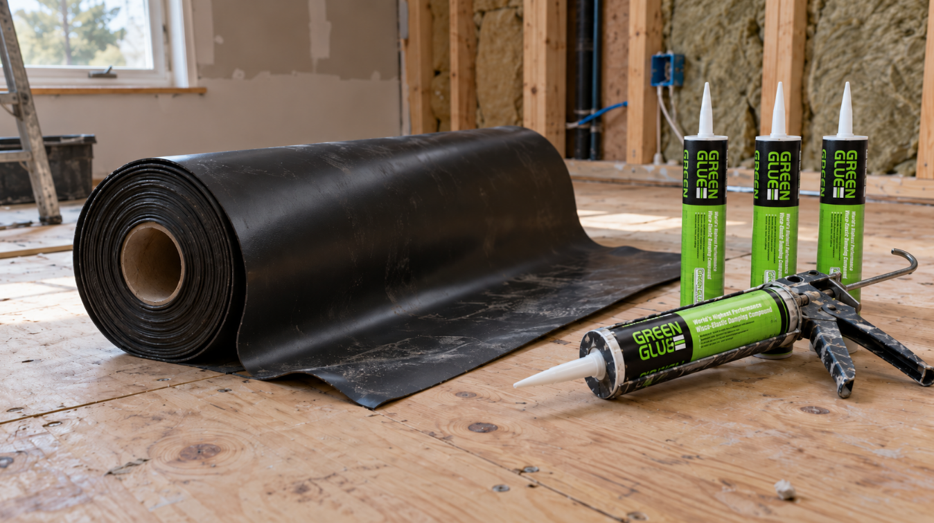 Roll of black vinyl barrier, caulk gun, and tubes of green compound on a plywood floor