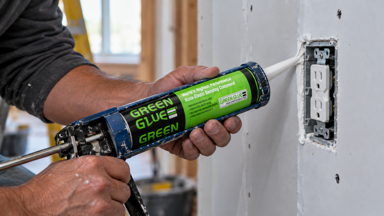 Worker sealing the gap around an outlet box in drywall with acoustic sealant