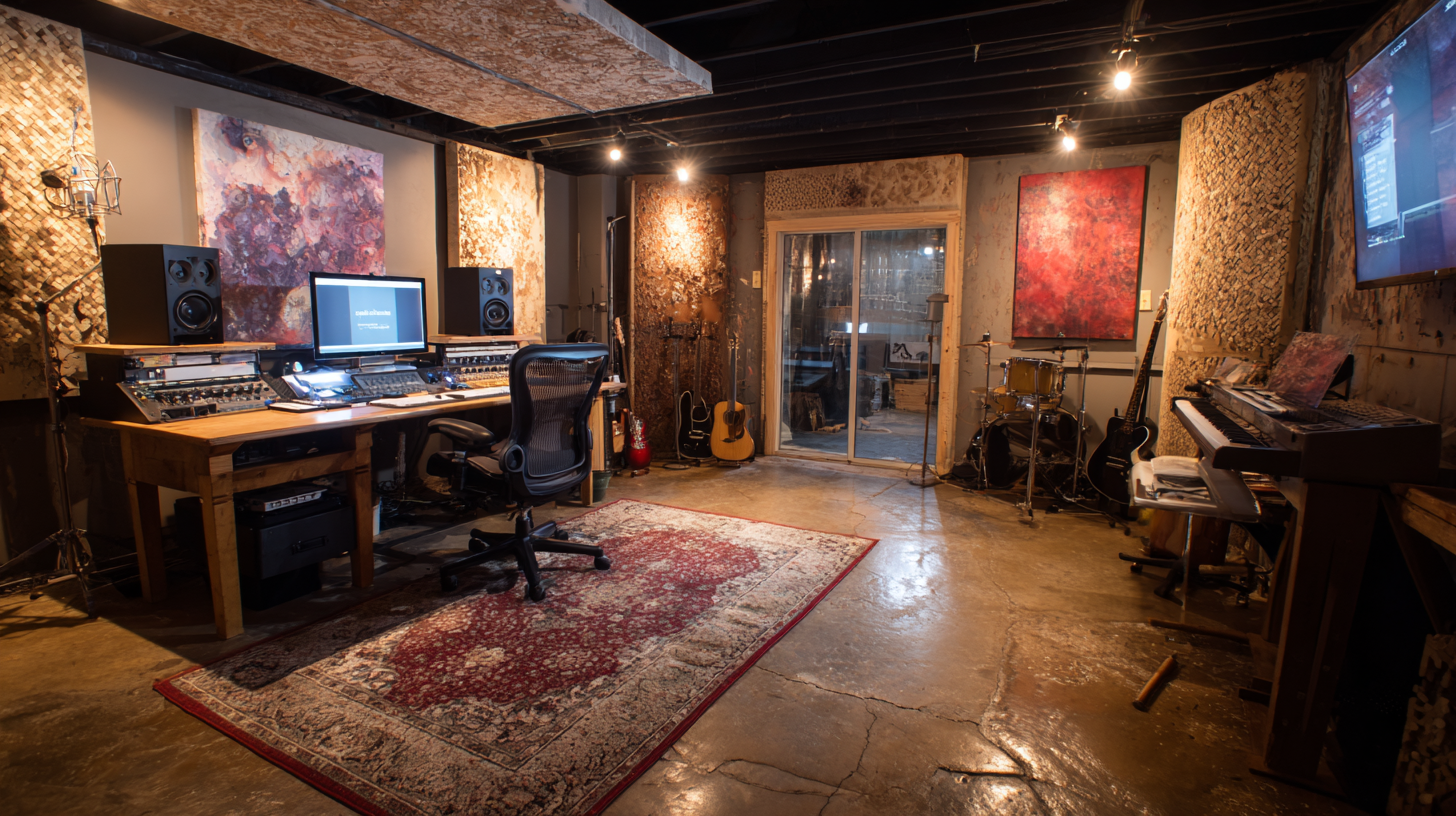 Converted garage recording studio with mixing desk and isolation booth