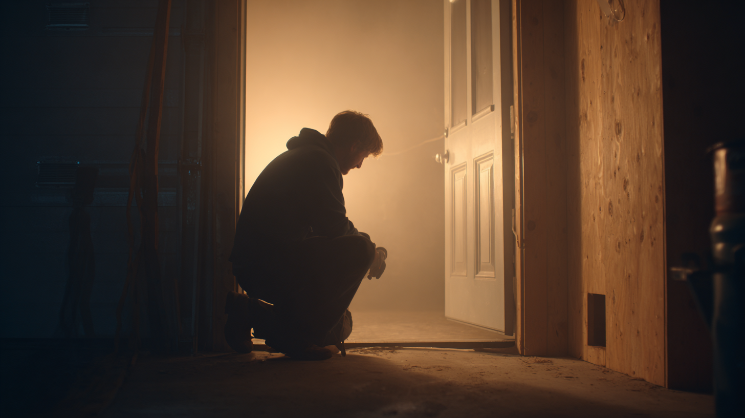 A man installing a door bottom seal in a garage, with warm lighting