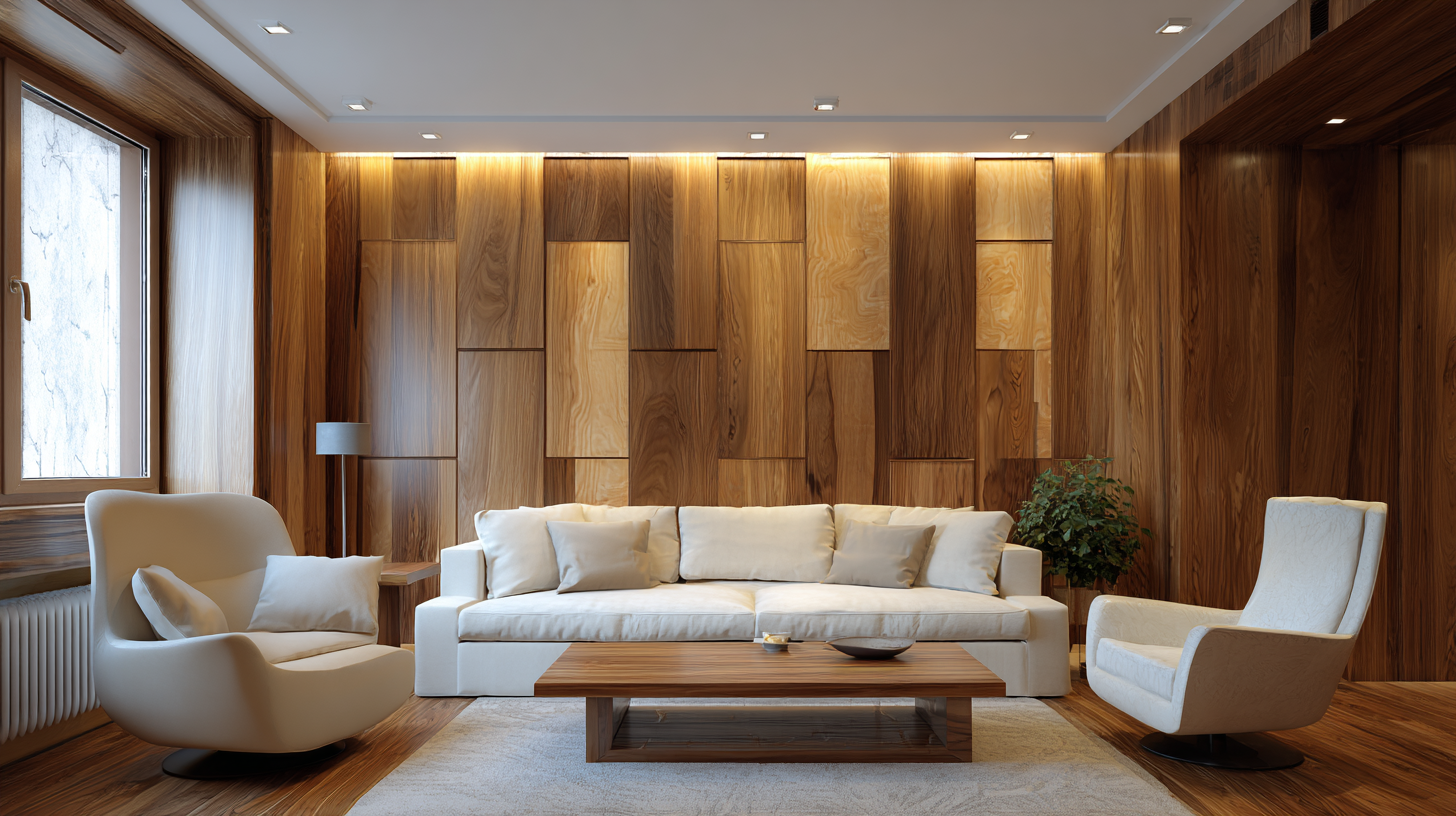 Modern living room with geometric wood wall paneling, beige sofa, and accent lighting creating a warm and elegant atmosphere.