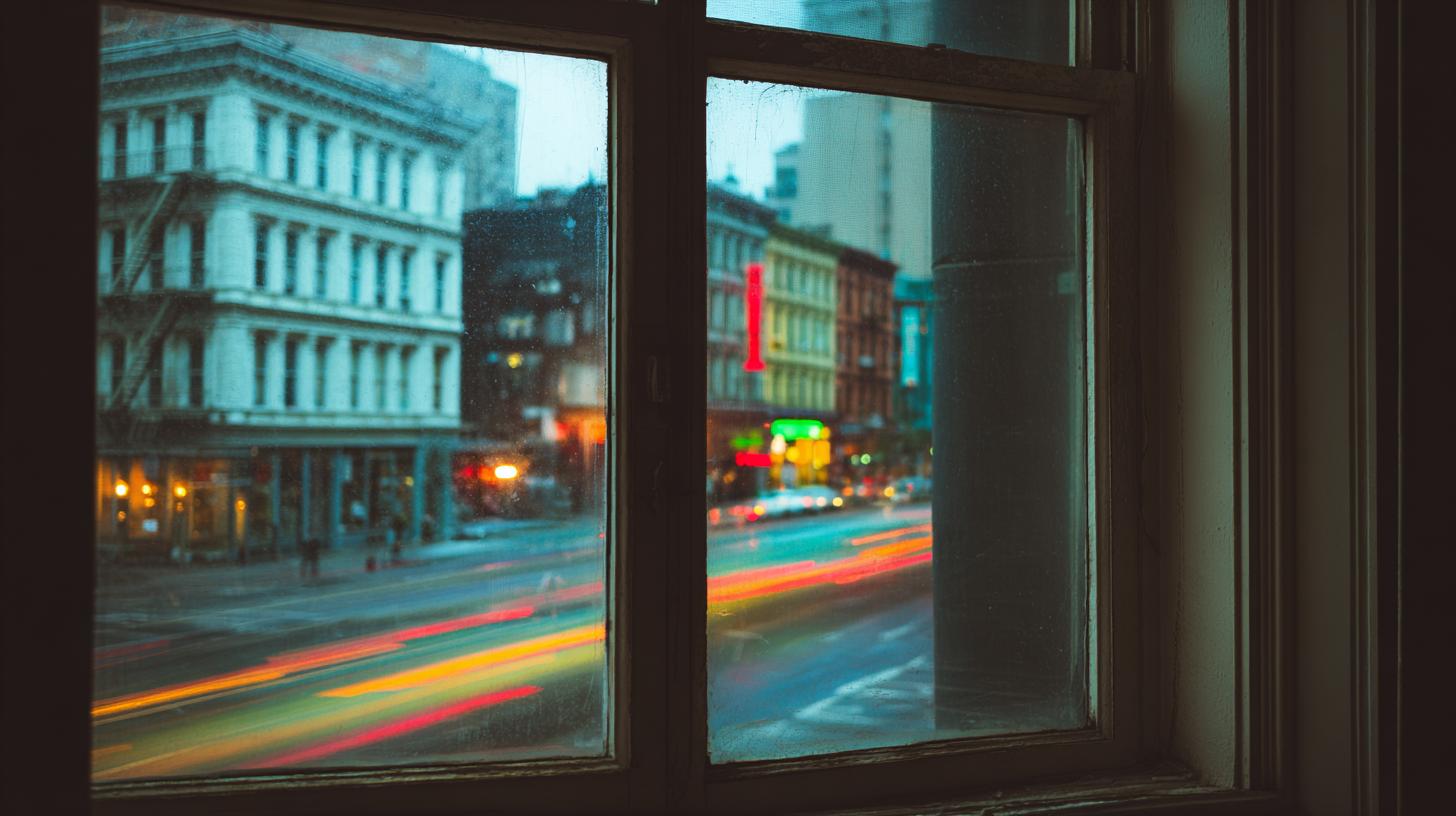 View through old window of noisy city street with traffic