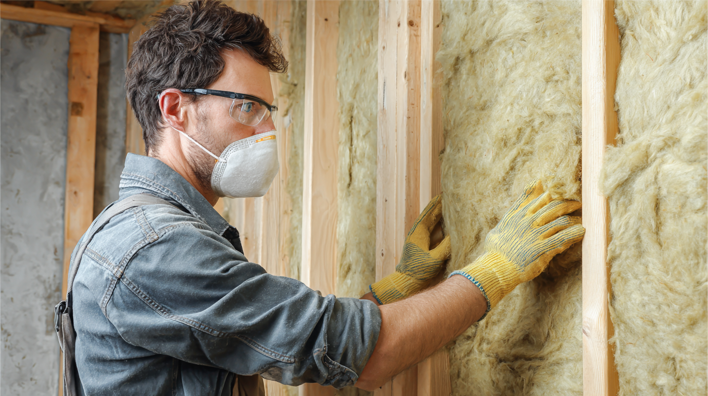 Contractor installing fiberglass insulation between wall studs