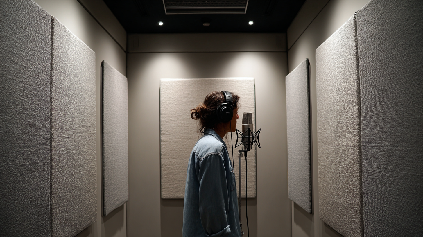 Singer in a vocal booth with wall-mounted acoustic panels