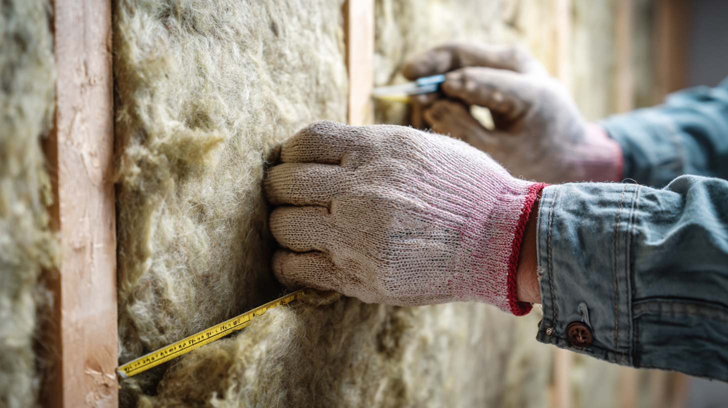 Gloved hands measuring mineral wool insulation in a wall cavity