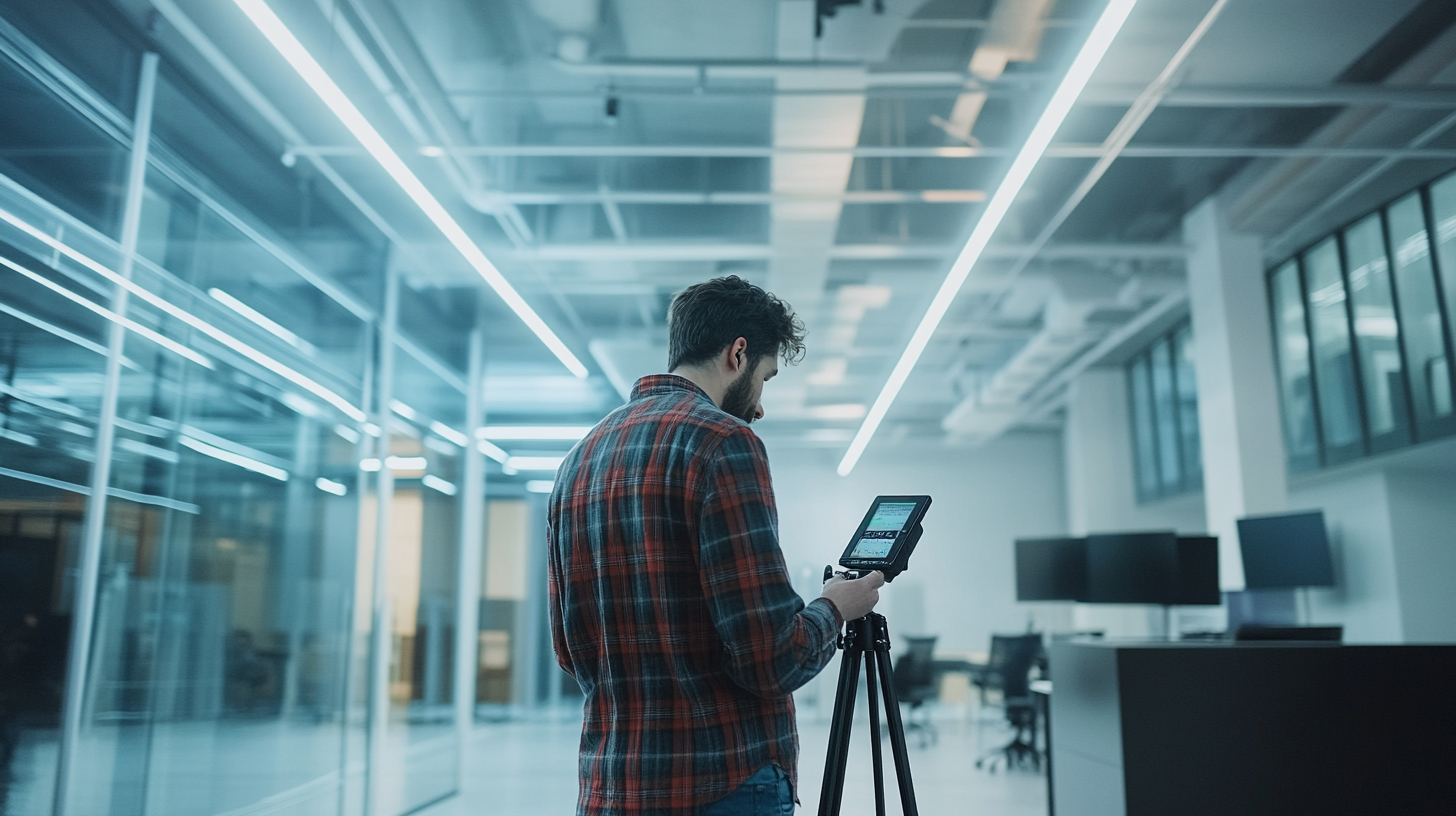 Acoustic specialist measuring sound in office