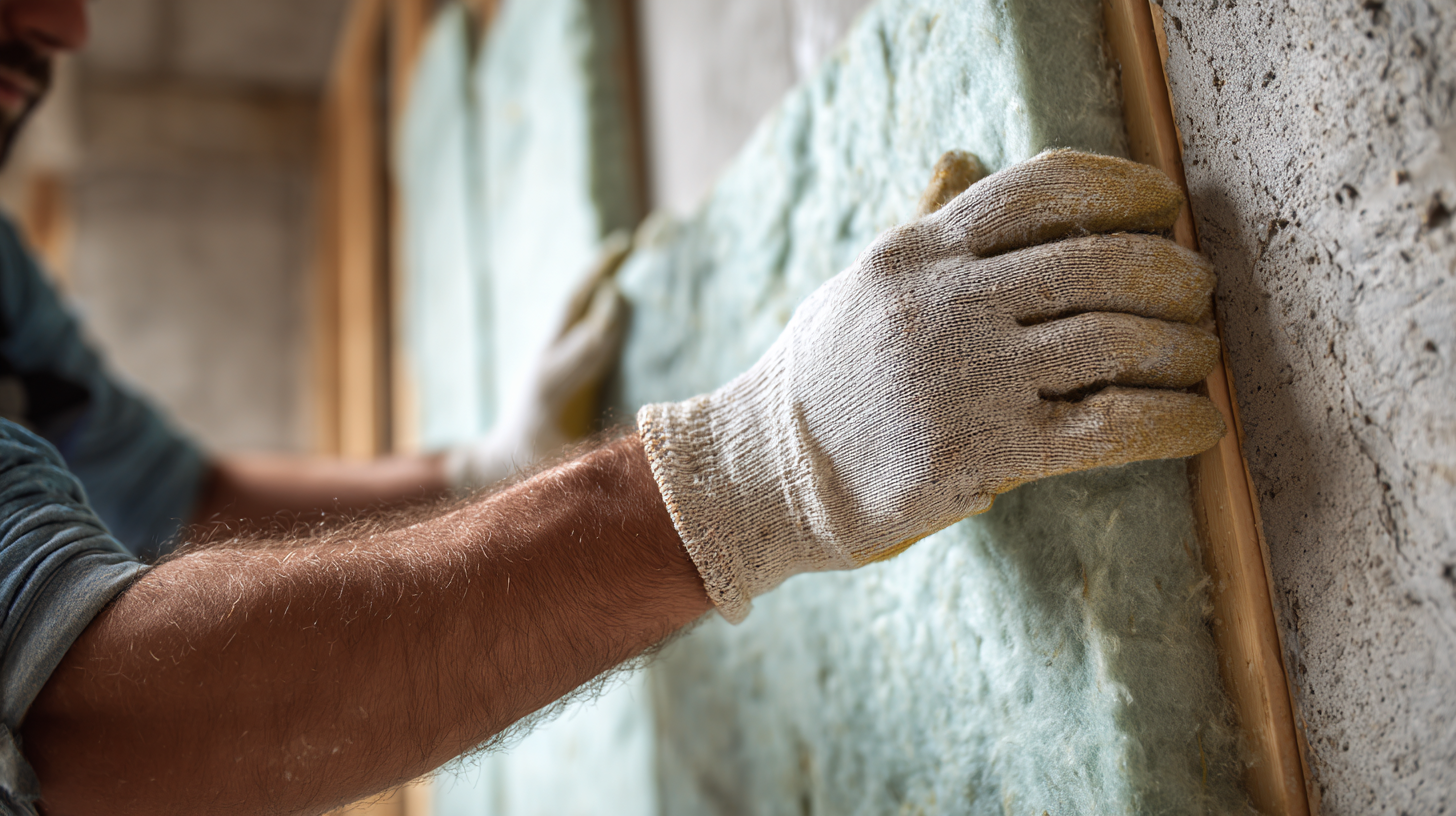 Worker installing mineral wool insulation in a wall frame