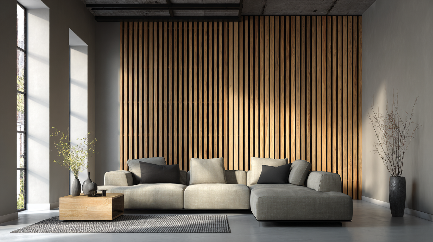 Contemporary living room with vertical wood slat acoustic wall panel