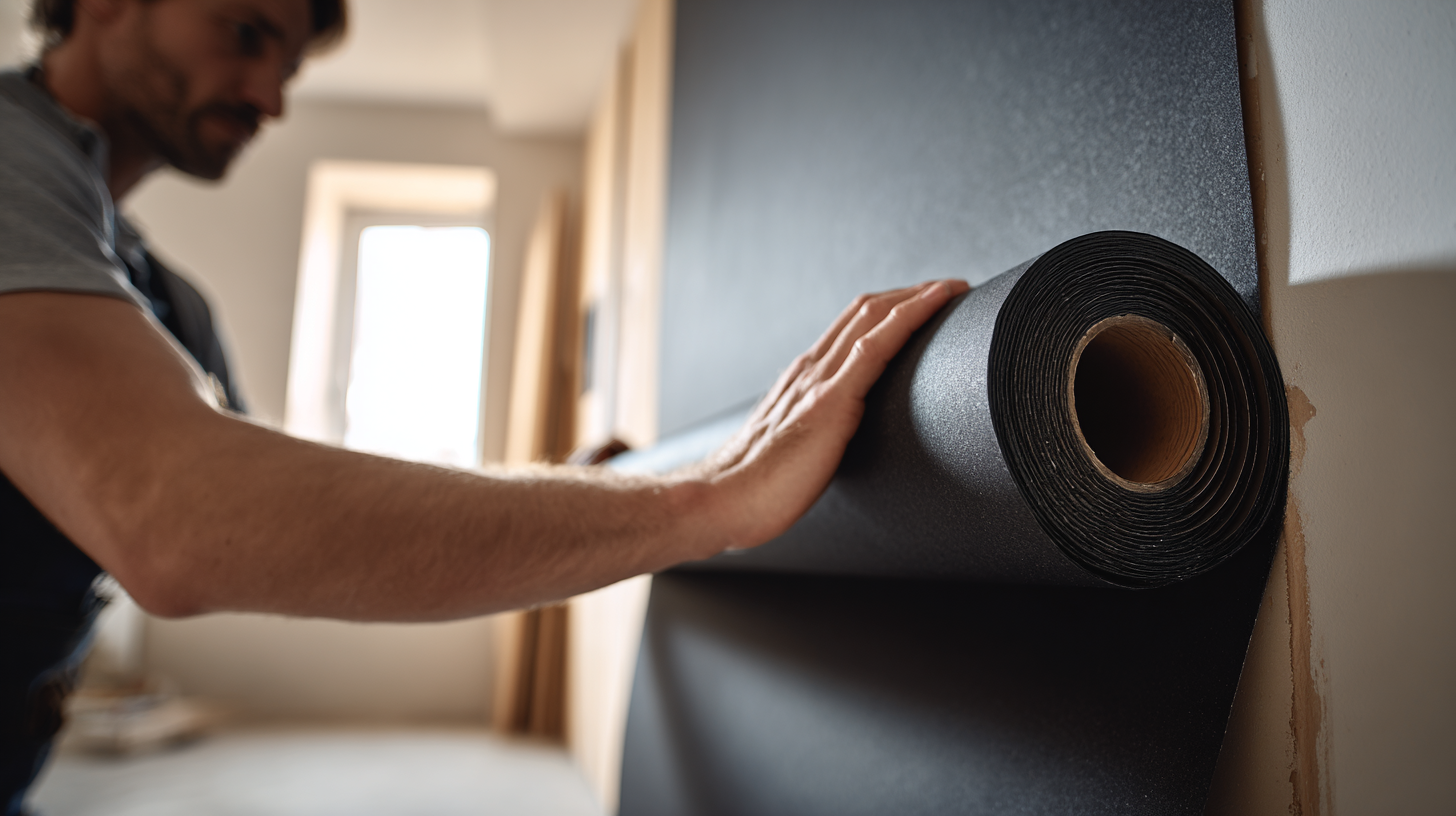 A person installing mass-loaded vinyl sheet on a wall in a partially constructed room