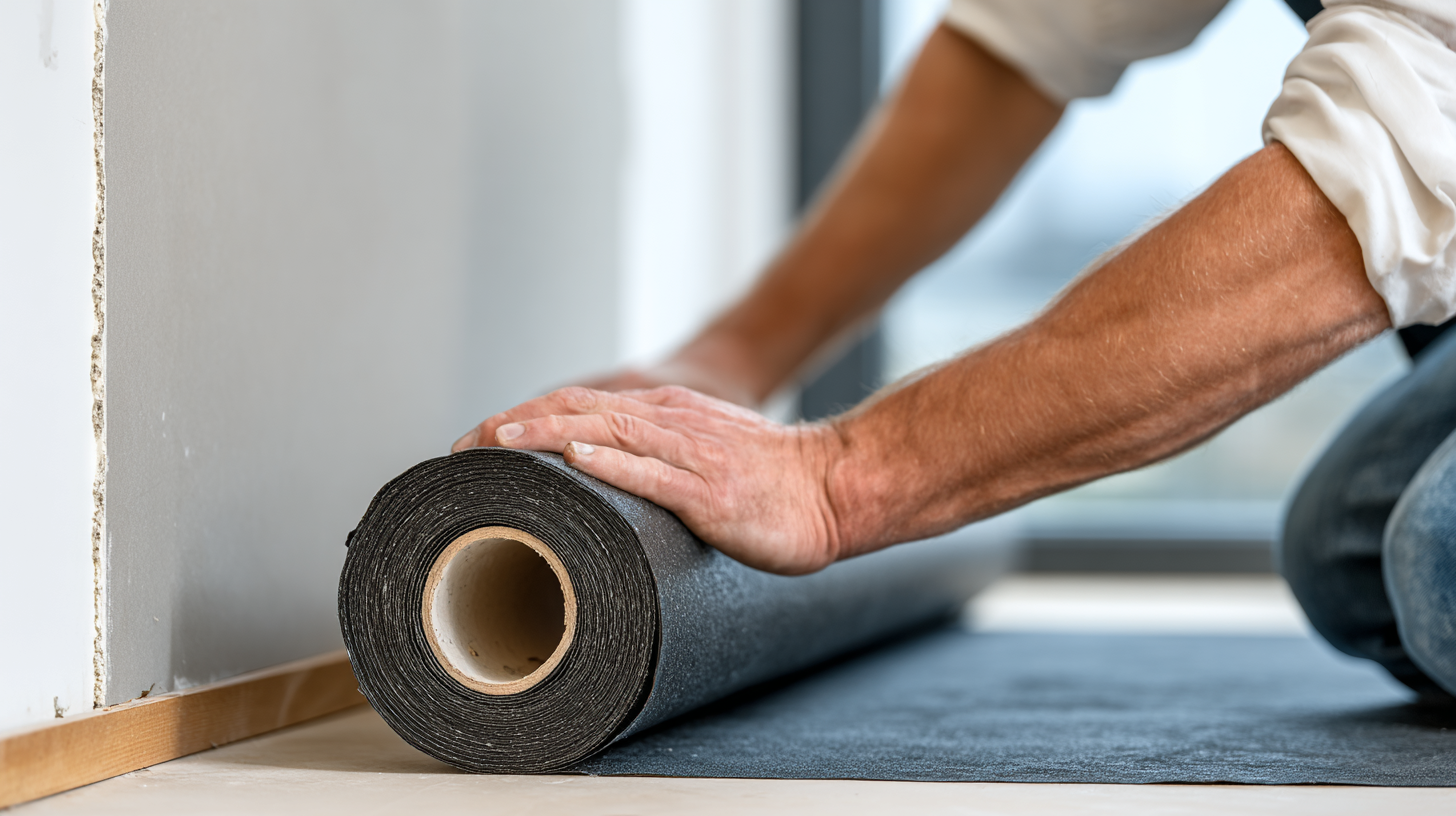 Person unrolling mass-loaded vinyl on the floor for soundproofing installation
