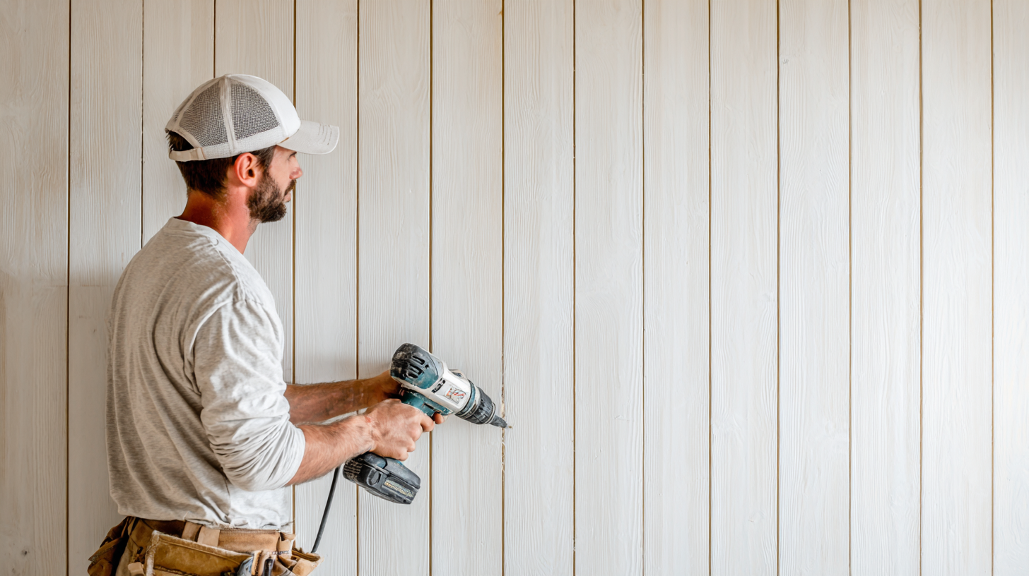 Contractor installing vertical tongue-and-groove wood paneling with drill