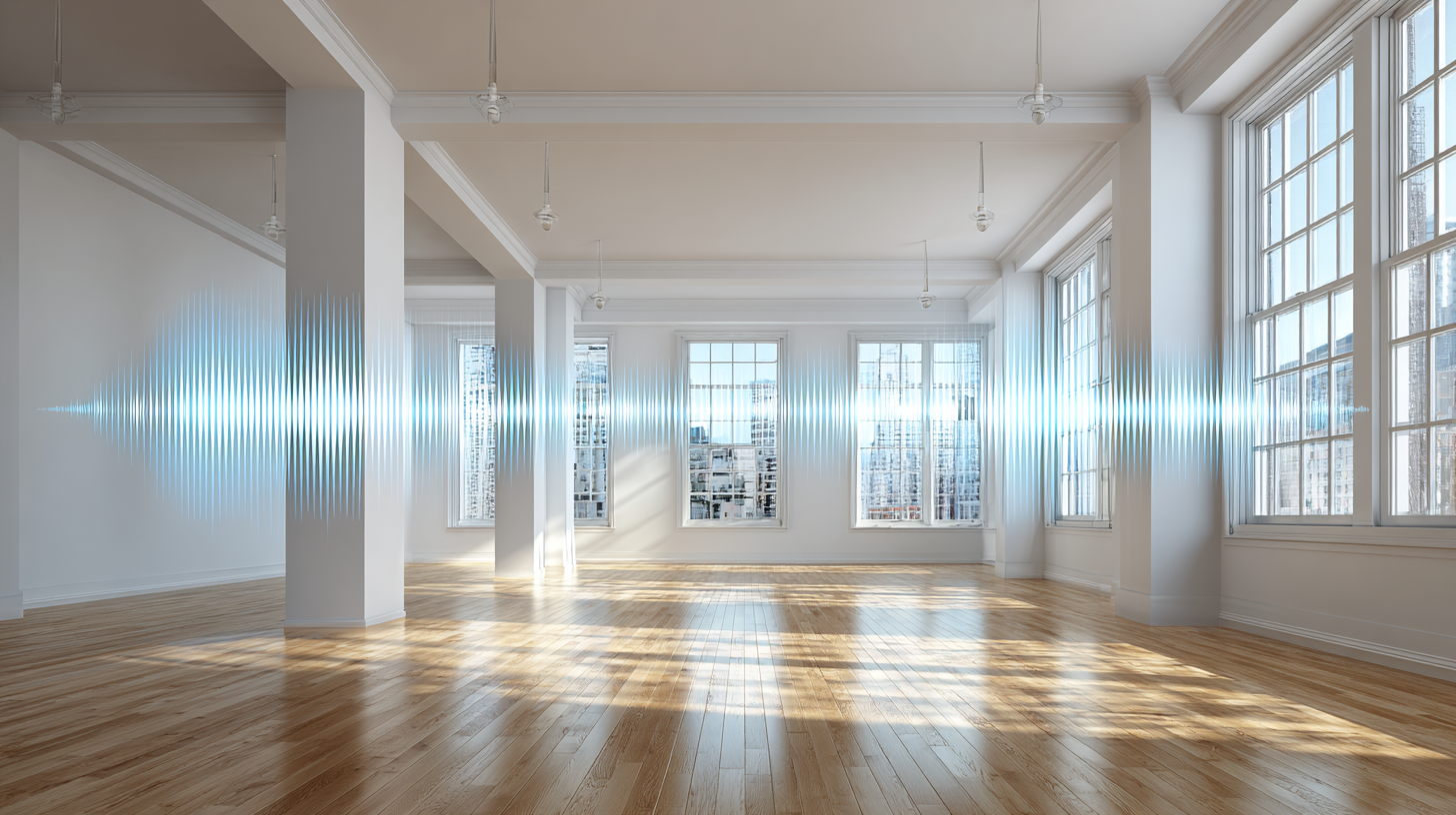 Empty room with hardwood floors and large windows showing sound waves bouncing off surfaces