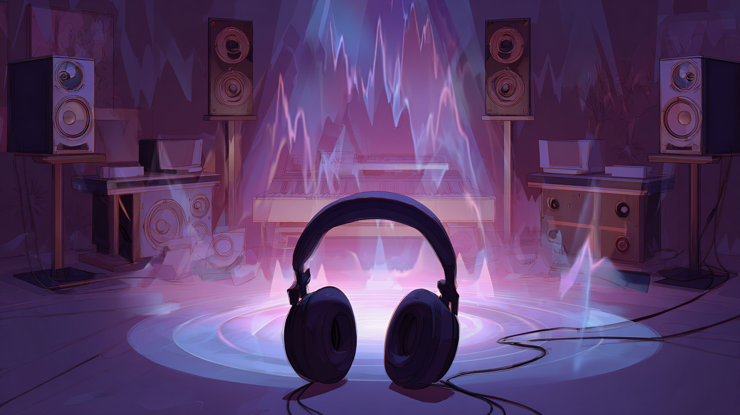 Illustration of noise cancelling headphones with speakers and sound waves