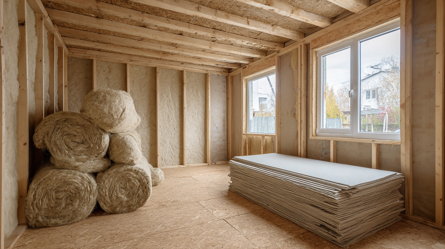 Room under construction with mineral wool insulation and drywall sheets