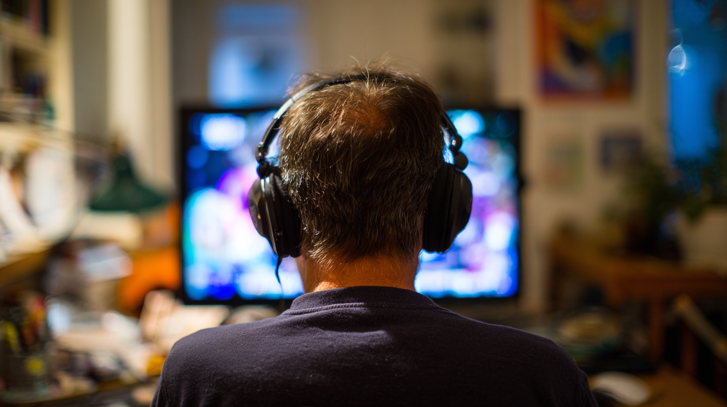 Back view of a person wearing headphones, watching a screen with a video, showing the focus on audio without distractions.