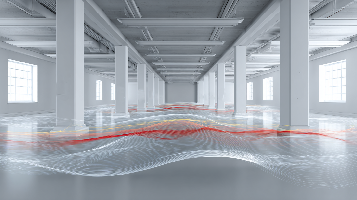 Empty industrial hall with sound waves illustrated across the floor