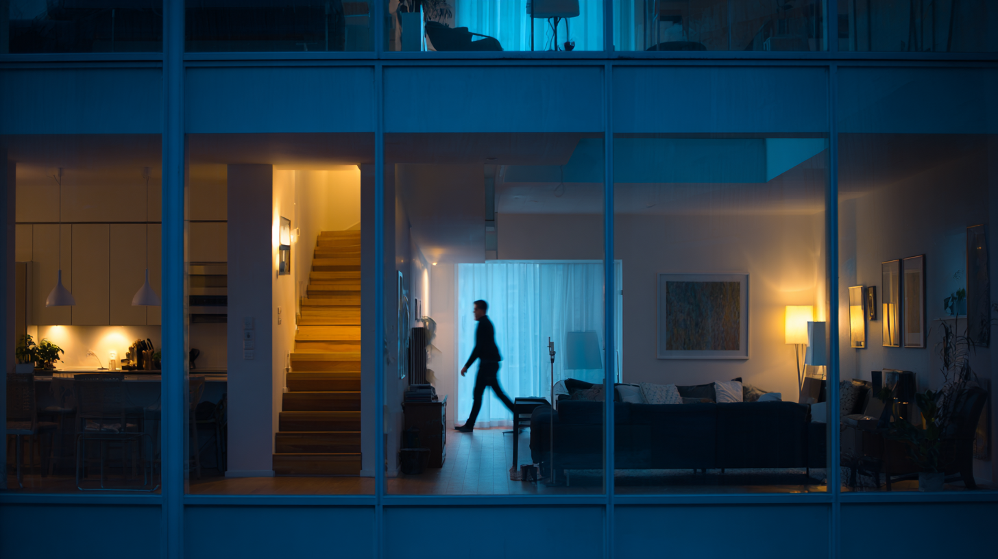 Modern apartment interior at night with a person walking inside behind glass windows