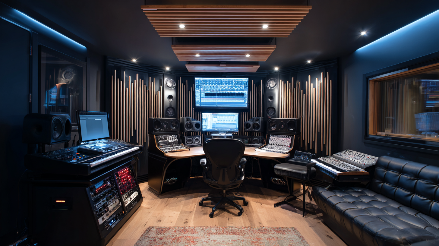 Modern home recording studio with acoustic panels