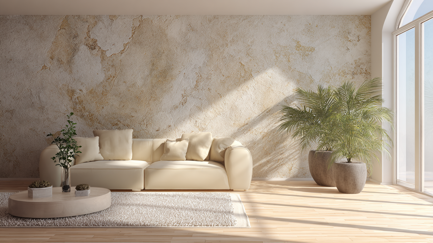 Modern living room with a beige sofa, light wooden flooring, and a textured wall with soft golden hues