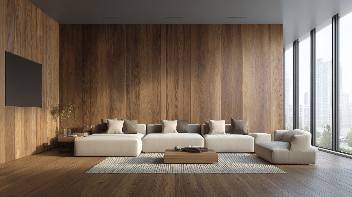Modern living room with solid wood wall paneling and white sectional sofa