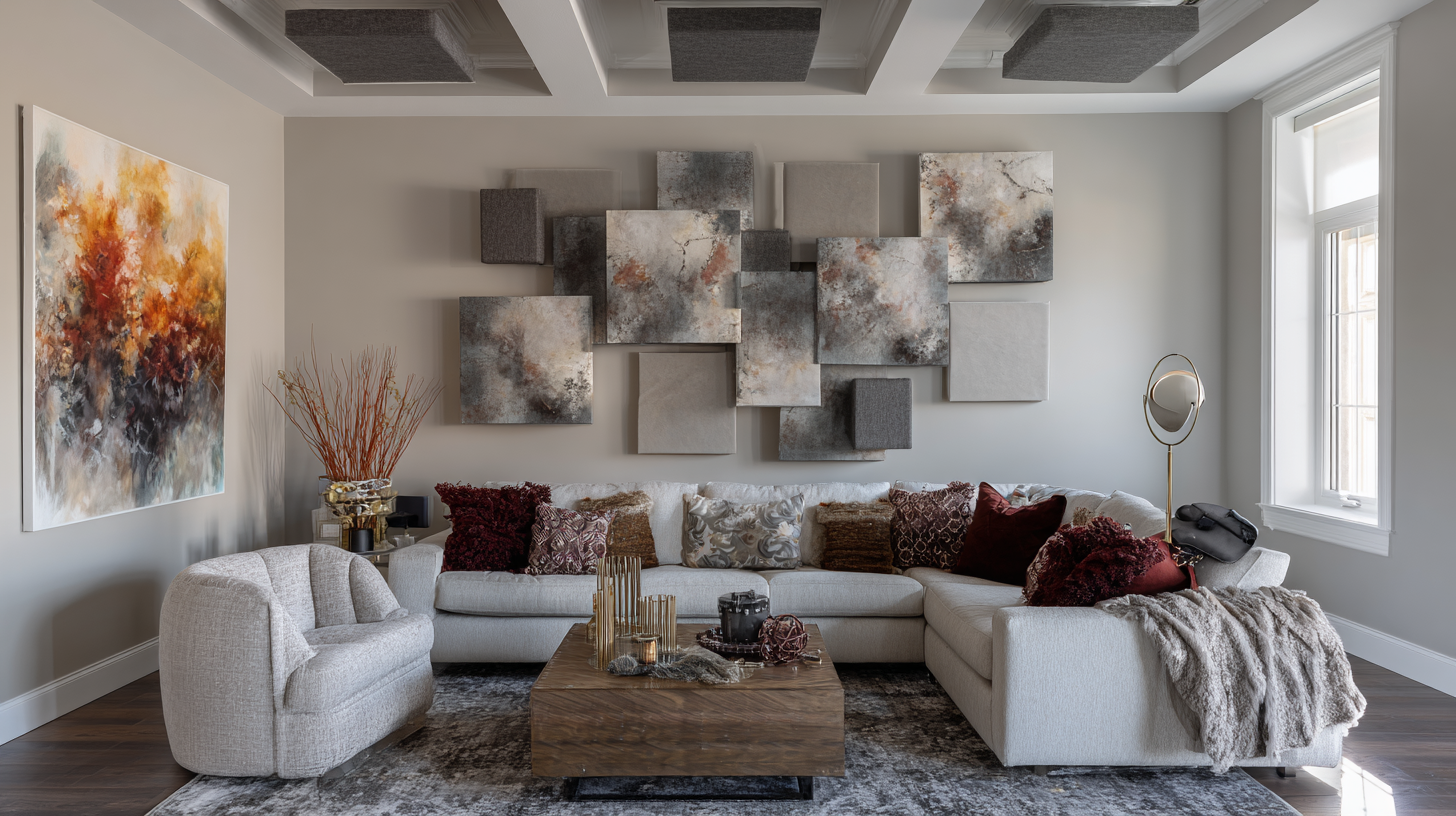 Living room with acoustic panels on walls and ceiling, upholstered furniture, and area rug