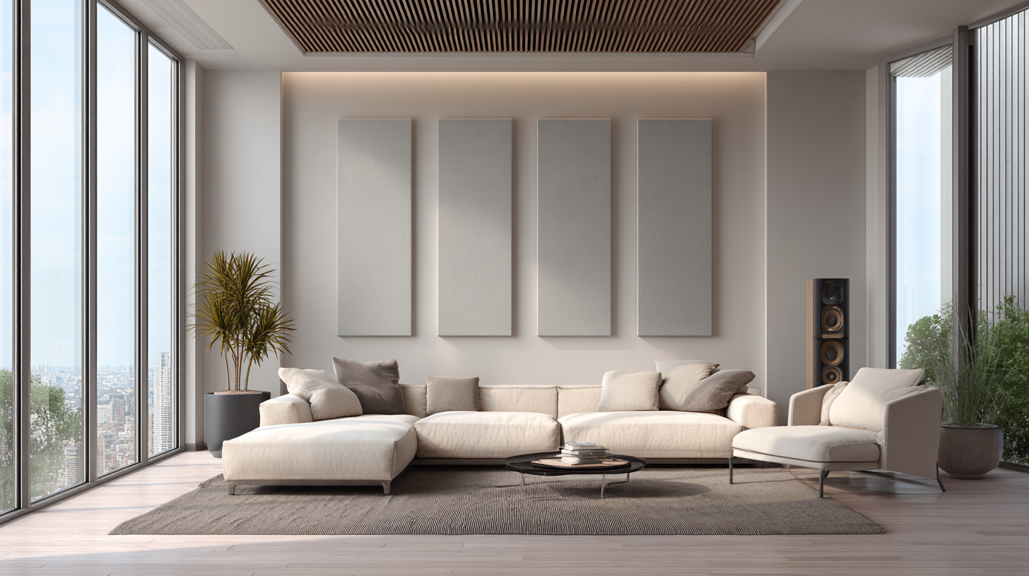 Modern living room with rectangular fabric-wrapped acoustic panels and wood slat ceiling