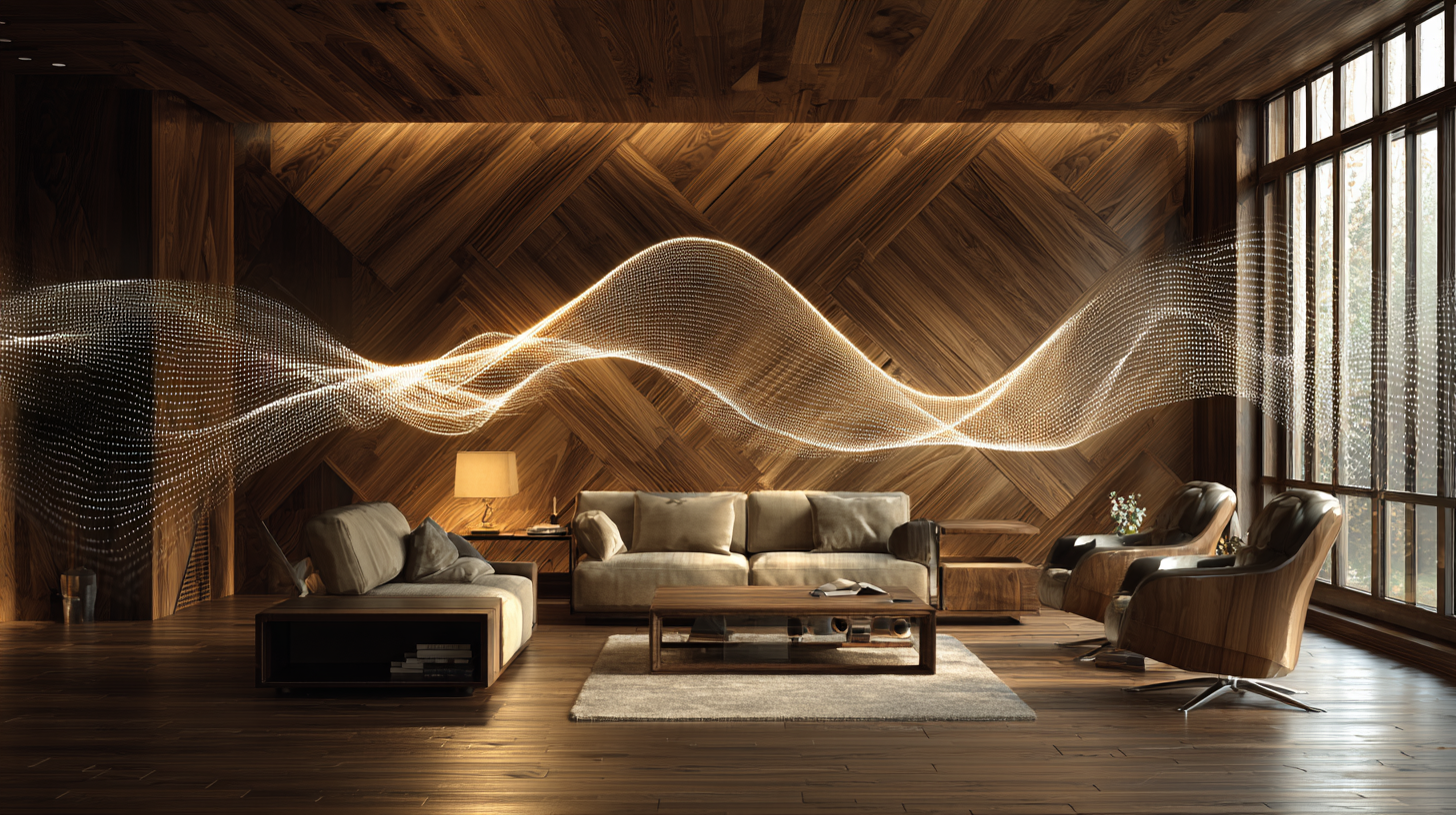 Wood-paneled living room with herringbone pattern and sound wave visualization