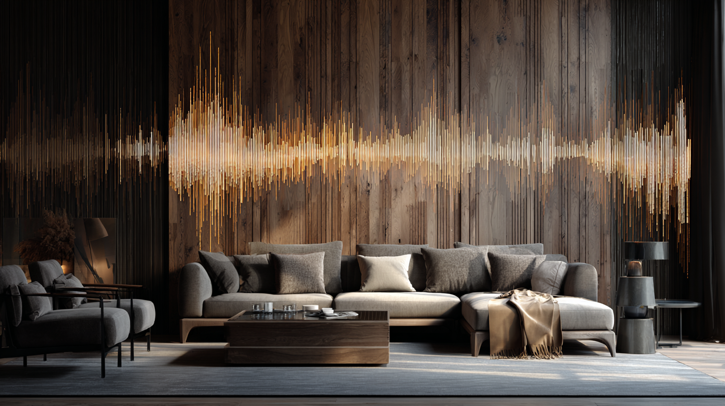 Living room with wood paneling featuring illuminated sound wave art installation