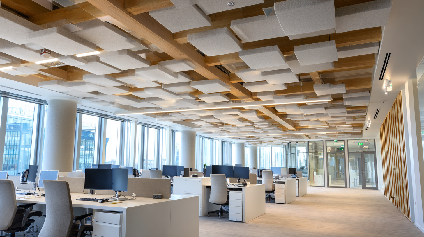 Modern open office interior with large windows and stylish white acoustic ceiling panels suspended over a wooden grid structure