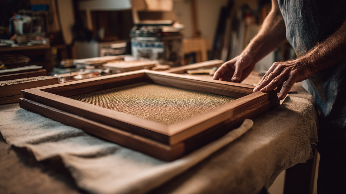 Person building DIY acoustic panel with wooden frame in home workshop