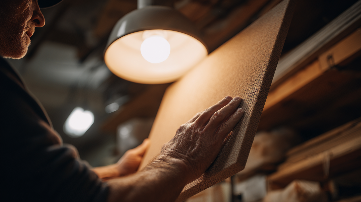 Person installing a fabric-wrapped acoustic panel on a garage wall
