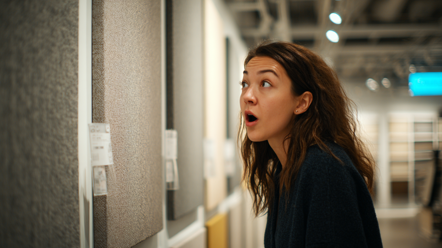 Woman surprised by price tag on acoustic panel in store