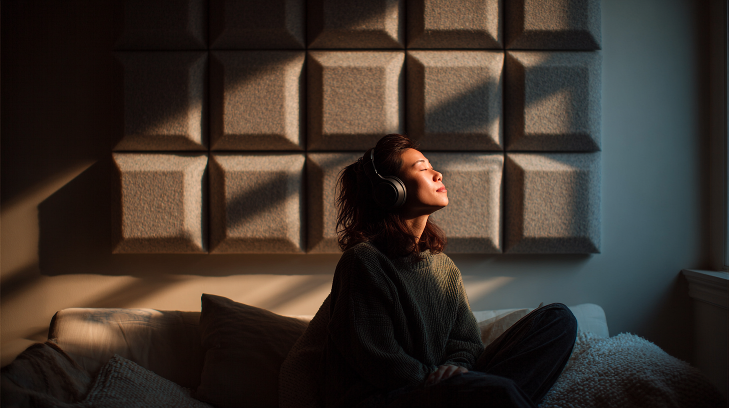 Woman relaxing with headphones in front of wall acoustic panels
