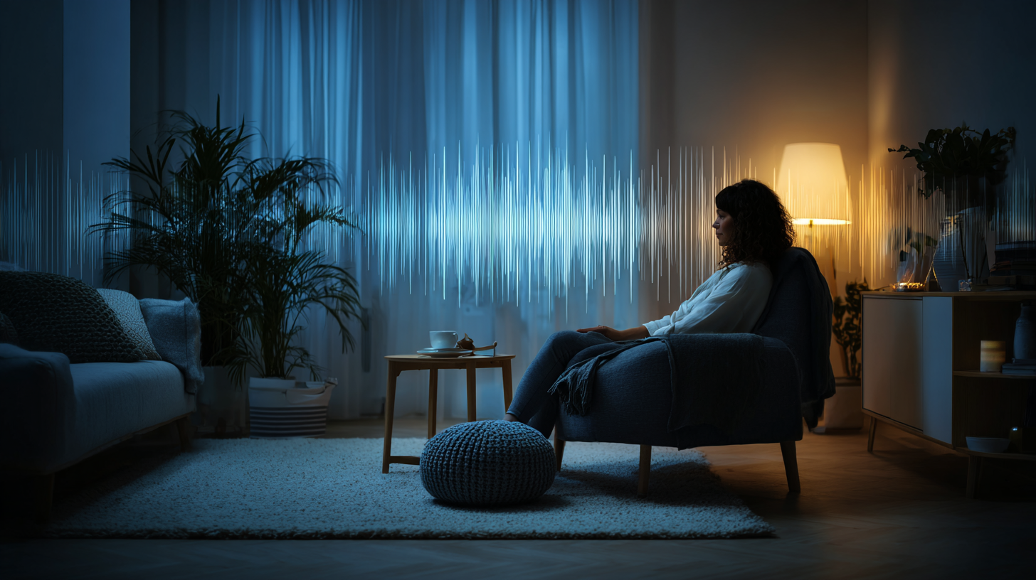 Woman sitting in a quiet living room with sound waves shown in front of her