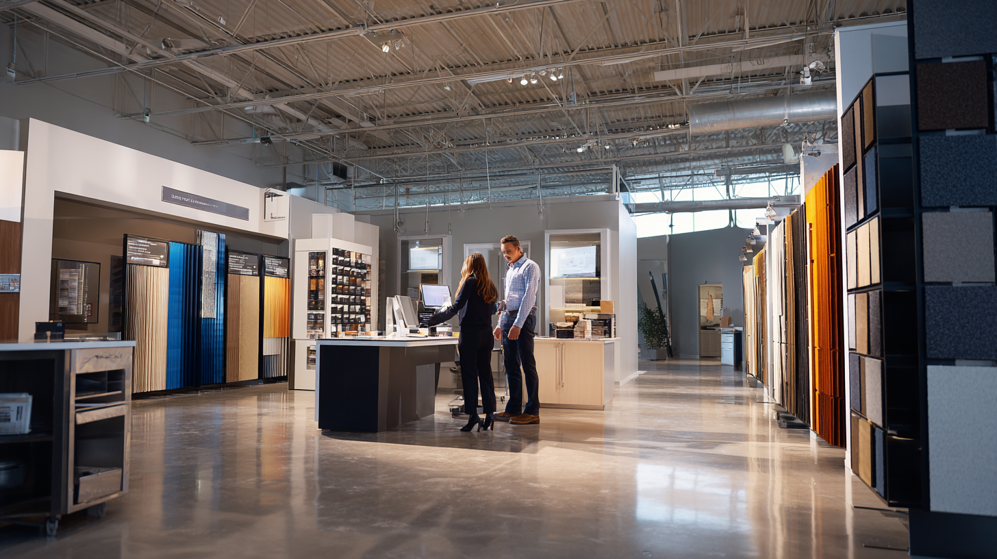 Acoustic products showroom with customers browsing panel samples and displays