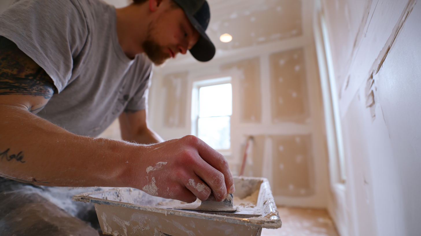Worker applying joint compound to drywall seams during finishing process