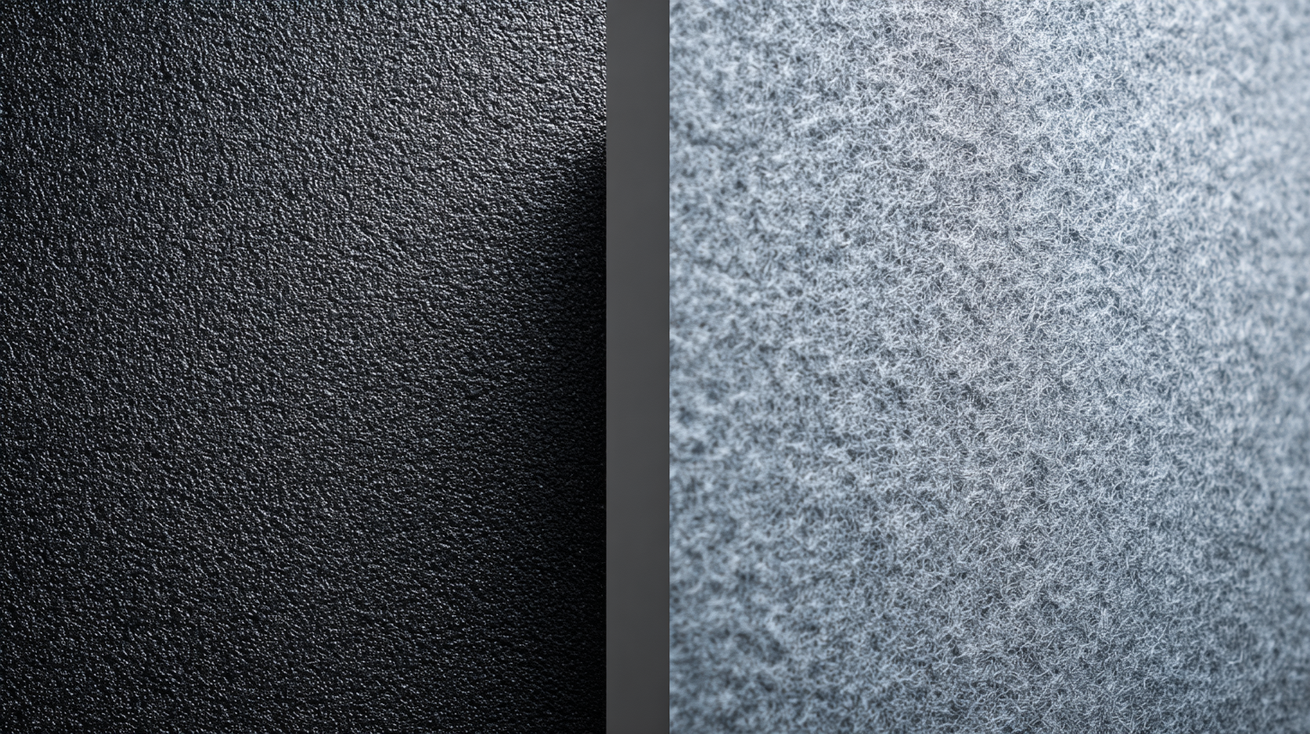 Close-up of a dense, textured black mass-loaded vinyl sheet next to a soft, gray acoustic panel