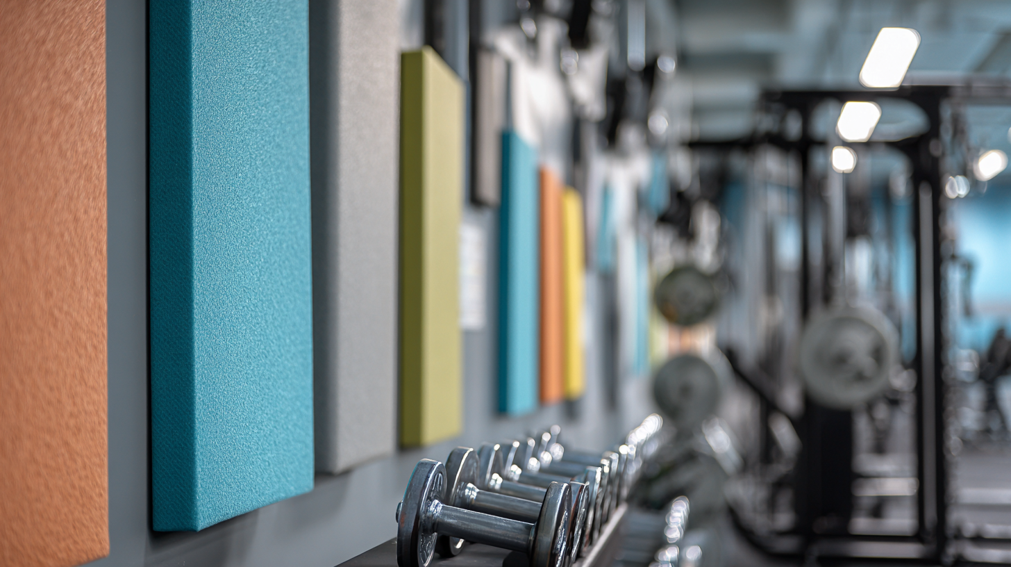 Close-up of acoustic panels on a gym wall with dumbbells in the foreground