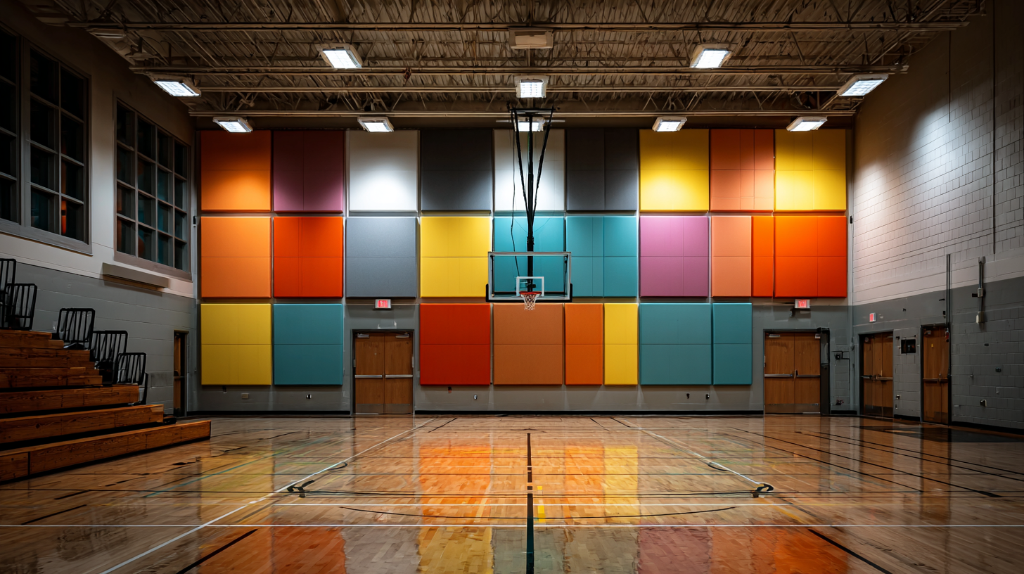 Gymnasium wall with colorful acoustic panels above basketball hoop