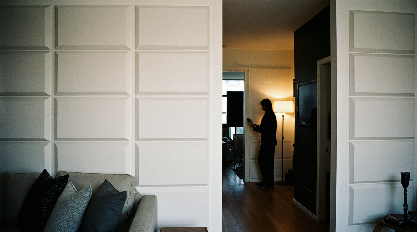 Modern apartment interior with acoustic panels on the wall