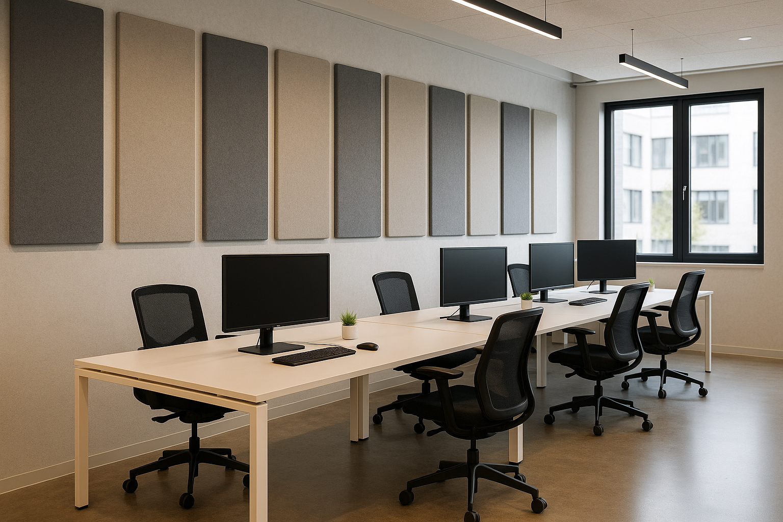Modern open office interior with stylish acoustic panels on the walls