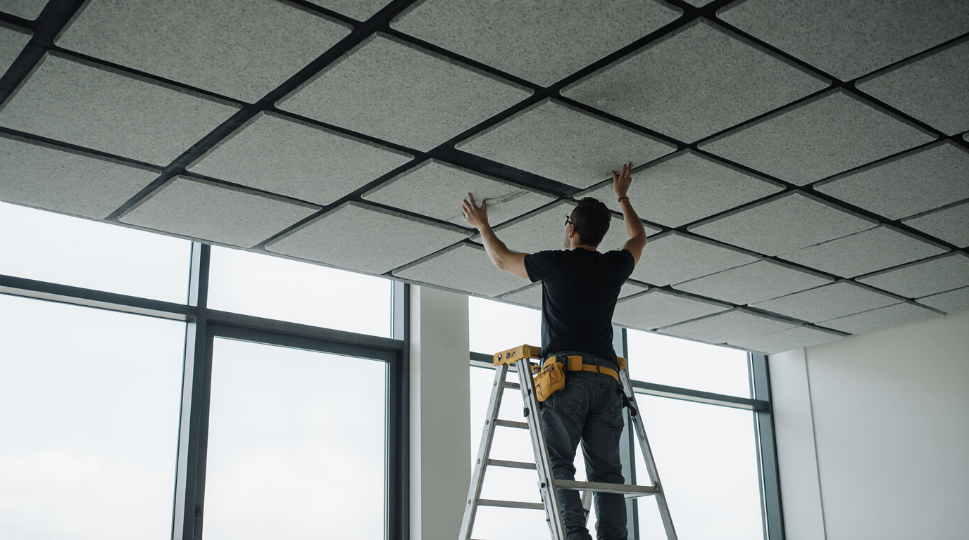 Contractor on ladder installing acoustic ceiling tiles in office space