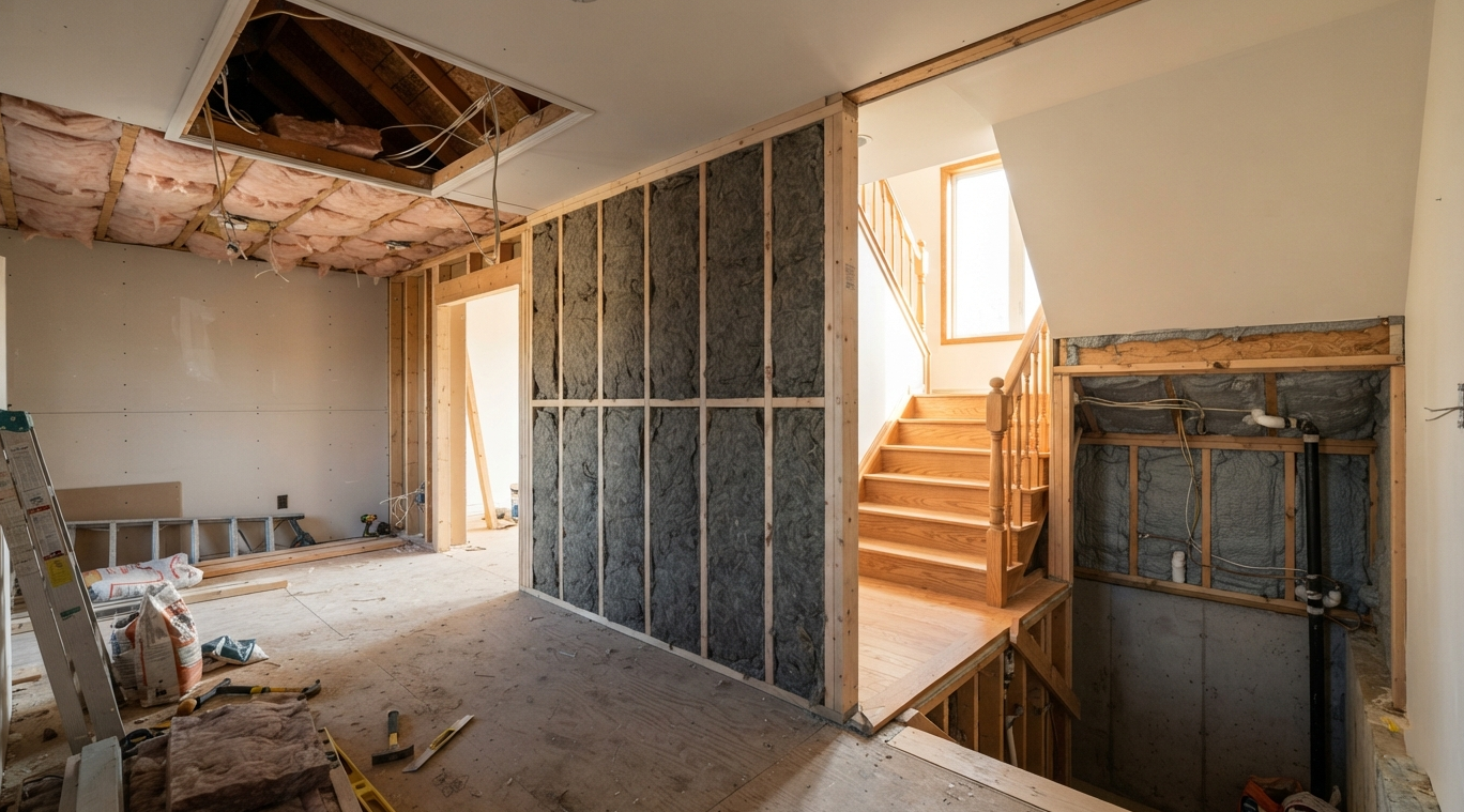 Interior partition insulated with batts before drywall goes up