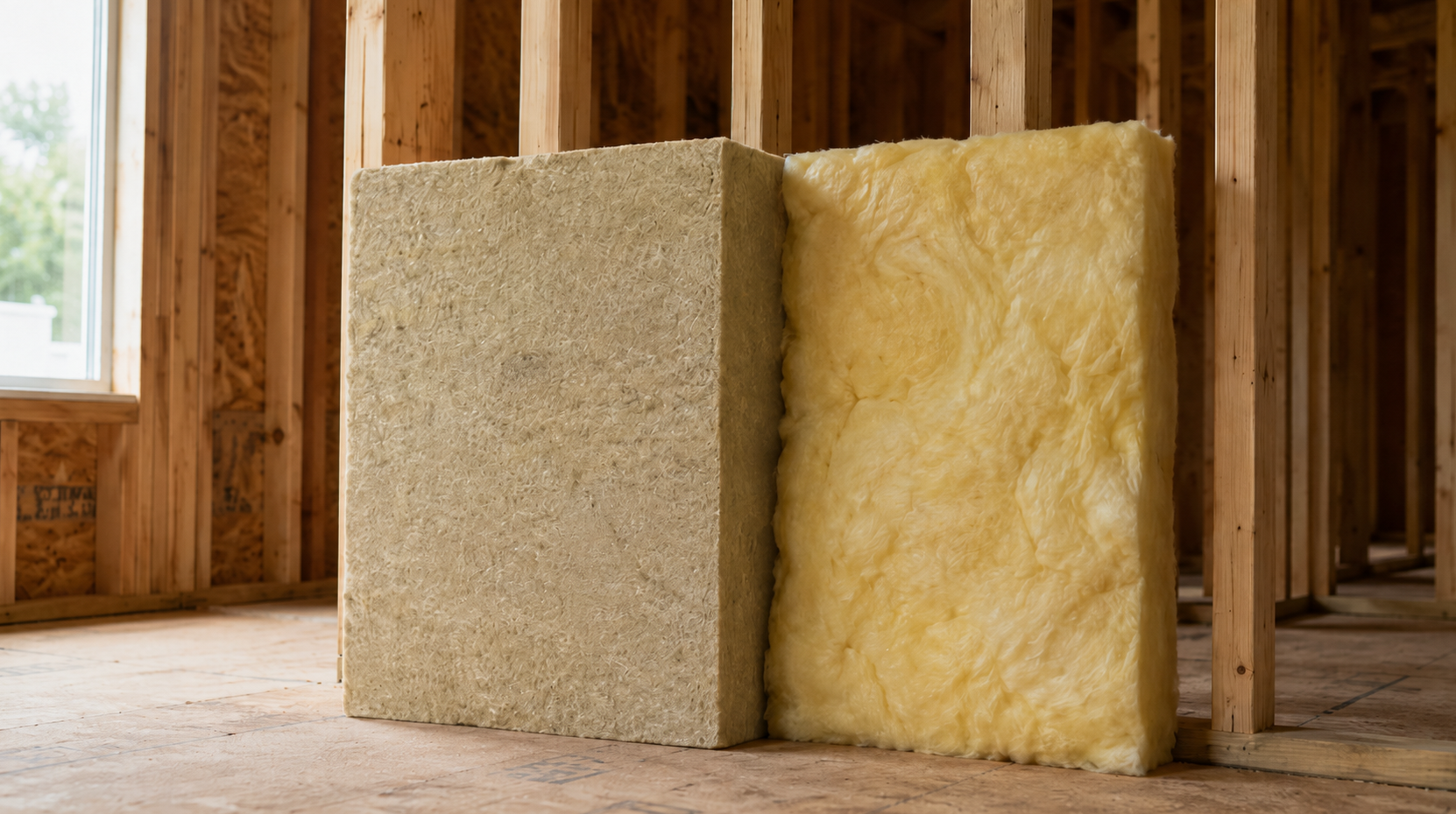 Rock wool batt and fiberglass batt side by side in an open stud wall