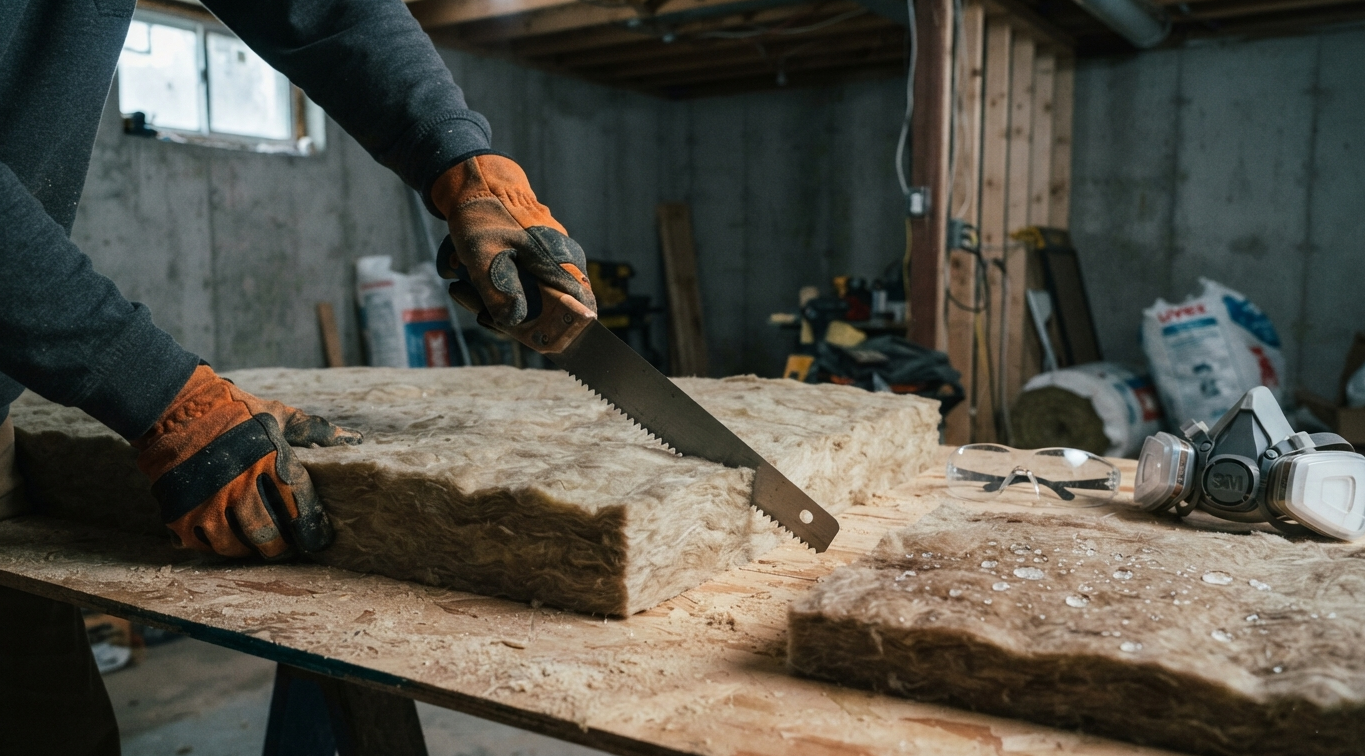 Cutting a rock wool batt with a serrated blade next to gloves and a respirator