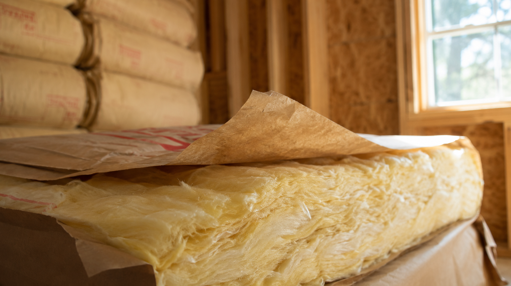 Kraft-faced fiberglass batts unwrapped on site during framing