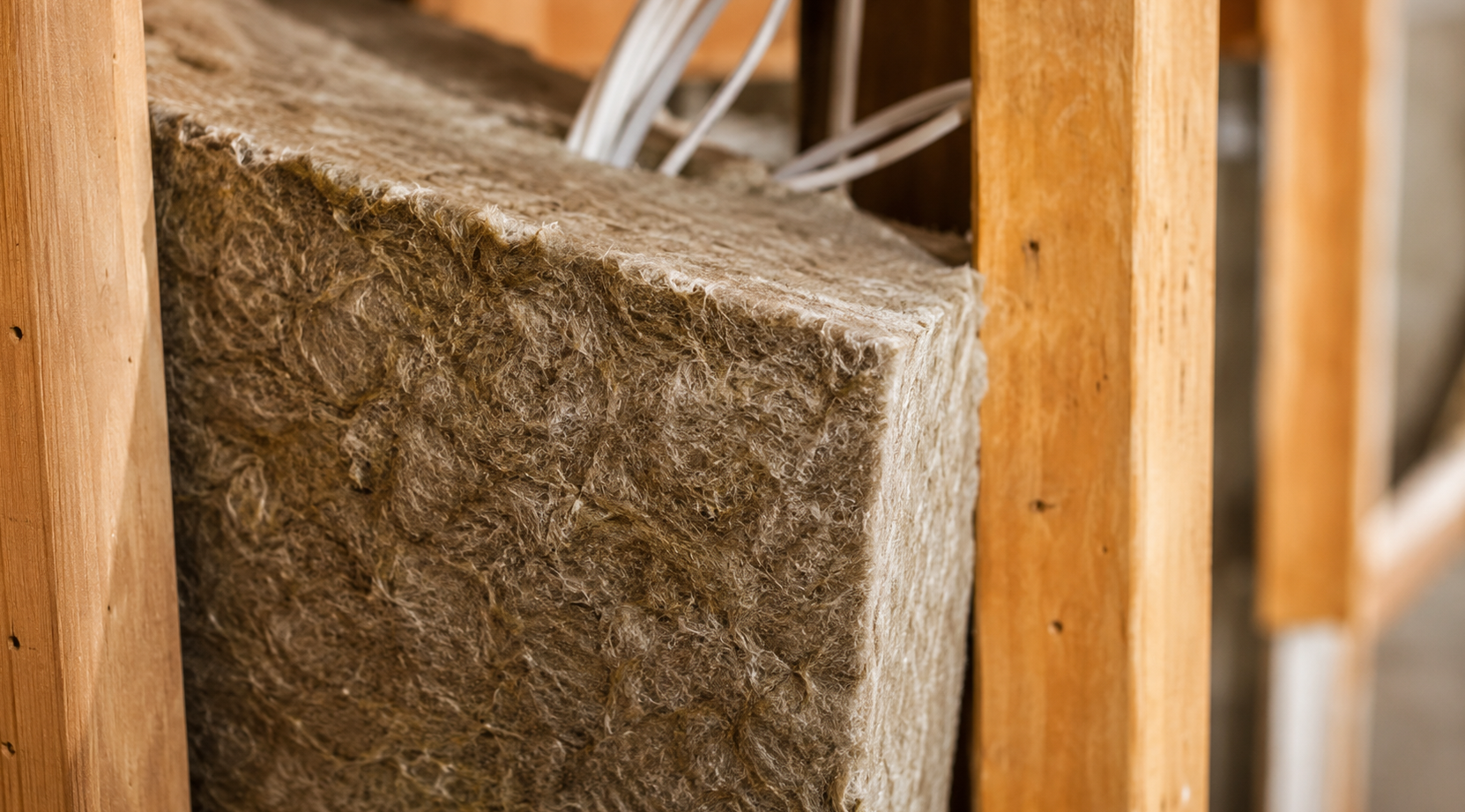 Rock wool batt friction fitted between studs around electrical wiring